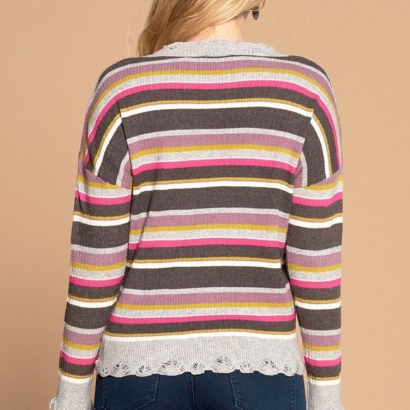 Women's Multi-color V-Neckline Variegated Striped Ruffled Edge Knit Sweater NWT - Picture 2 of 3